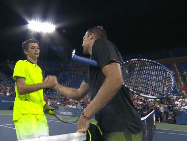 Taylor Fritz and Jack Sock shake hands, until they meet again.